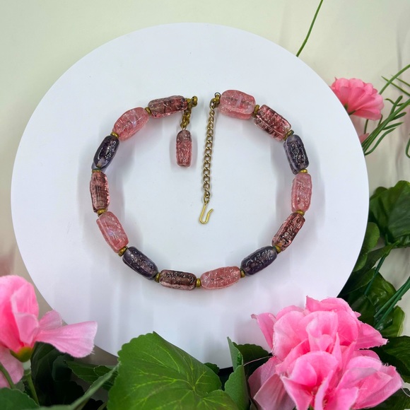 Pink and Purple Double Strand Vintage Choker Style Necklace - Picture 1 of 7